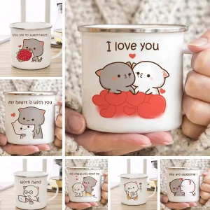 New Peach and Goma cat enamel coffee tea cup