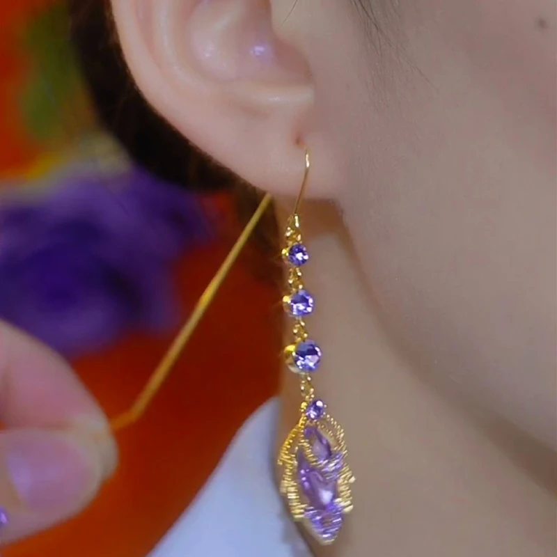 Elegant Purple Crystal Maple Leaf Tassel Earrings for Women