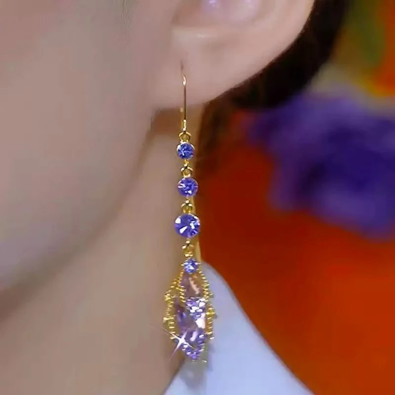 Elegant Purple Crystal Maple Leaf Tassel Earrings for Women