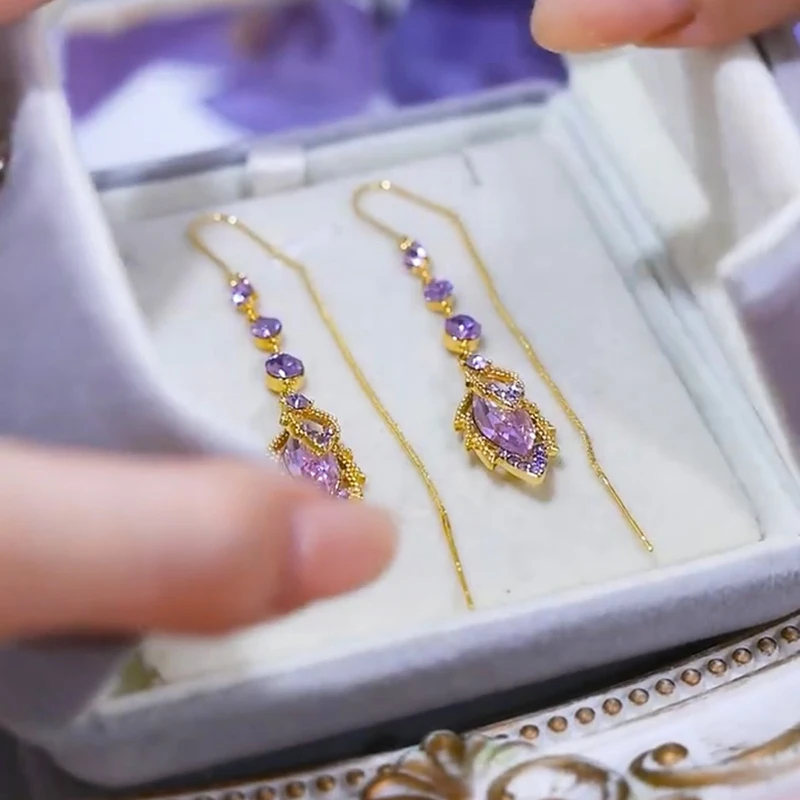 Elegant Purple Crystal Maple Leaf Tassel Earrings for Women