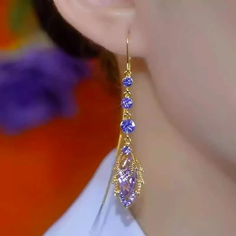 Elegant Purple Crystal Maple Leaf Tassel Earrings for Women