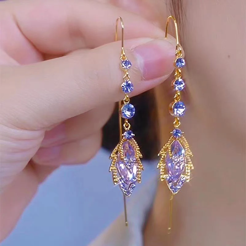Elegant Purple Crystal Maple Leaf Tassel Earrings for Women