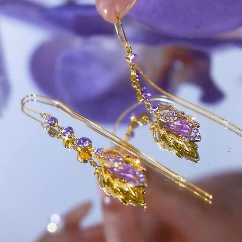 Elegant Purple Crystal Maple Leaf Tassel Earrings for Women