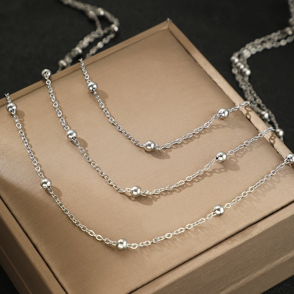 Stainless Steel Beads Multi-Layers Chain Necklace For Women