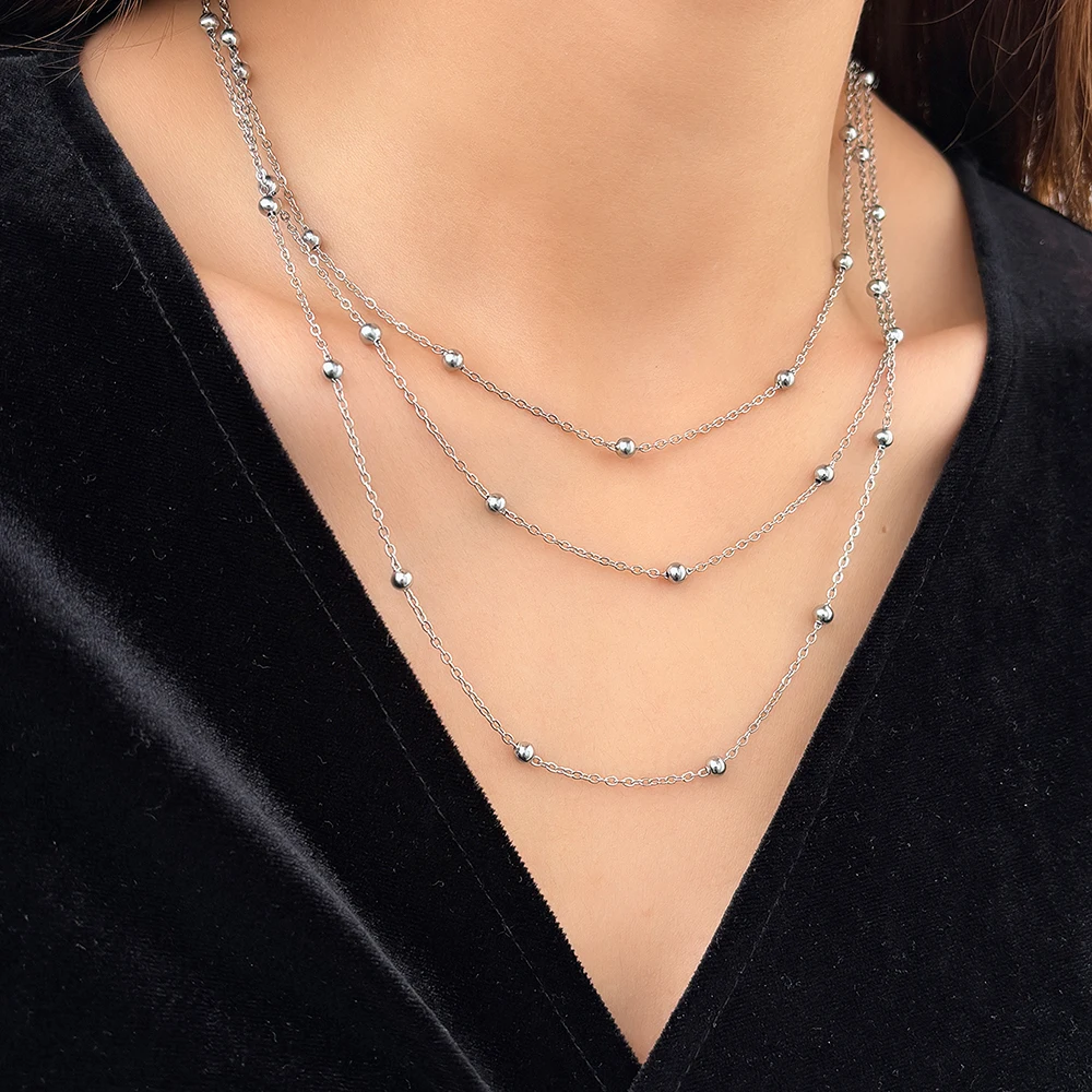 Stainless Steel Beads Multi-Layers Chain Necklace For Women