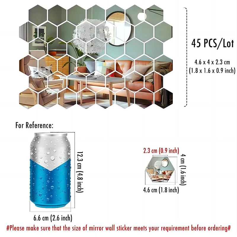 45pcs Hexagon Mirror Wall Art Sticker Decor