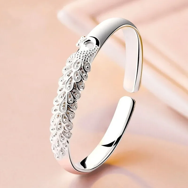 Sterling Silver Peacock Opening Screen Bracelet For Women