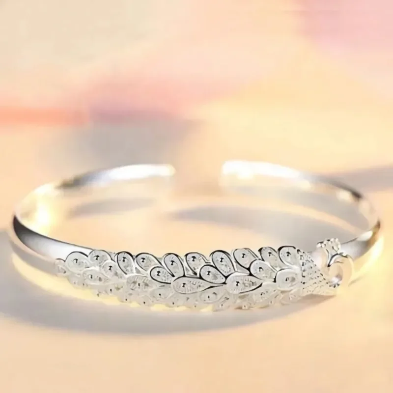 Sterling Silver Peacock Opening Screen Bracelet For Women