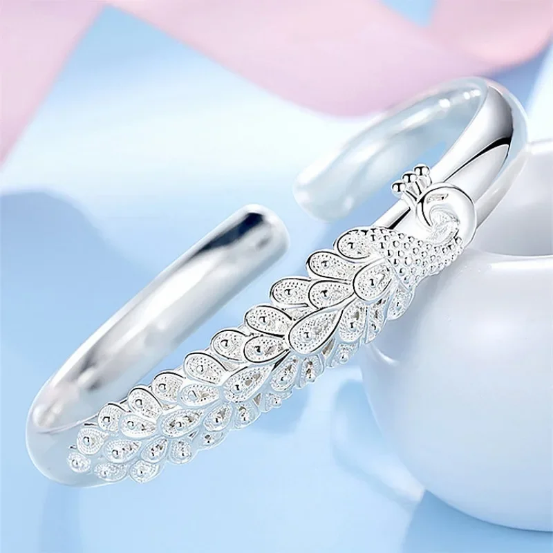 Sterling Silver Peacock Opening Screen Bracelet For Women