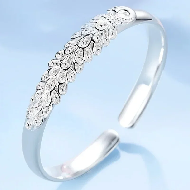 Sterling Silver Peacock Opening Screen Bracelet For Women