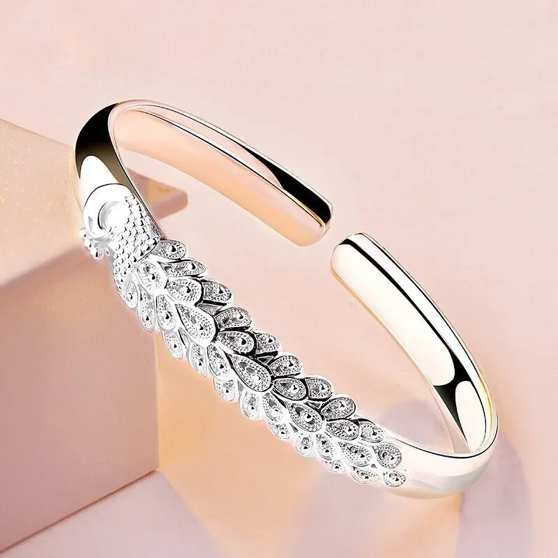 Sterling Silver Peacock Opening Screen Bracelet For Women