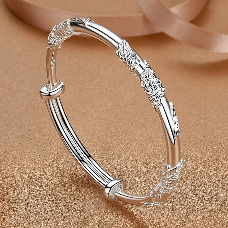 Sterling Silver Full-blown Flowers Bracelet For Women