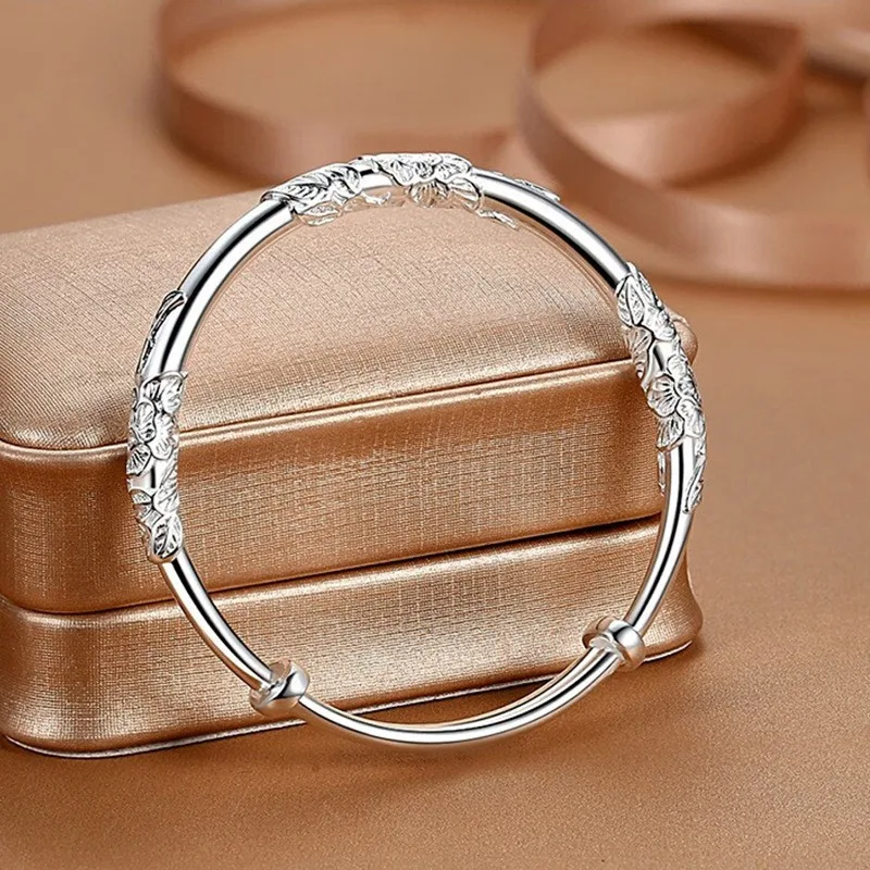 Sterling Silver Full-blown Flowers Bracelet For Women