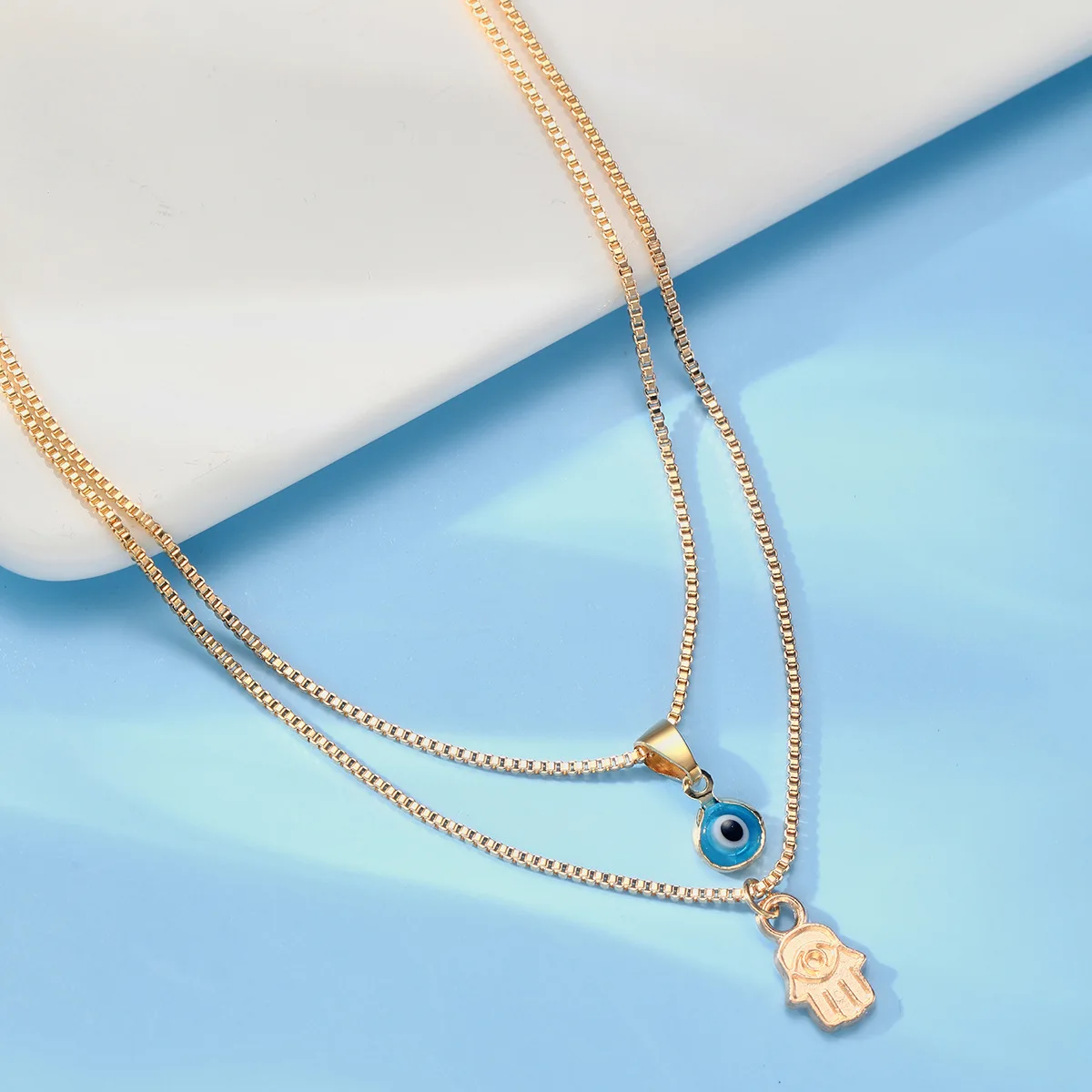 Turkish Lucky Double Layer Palm Evil Eyes Pendant Necklace for Women