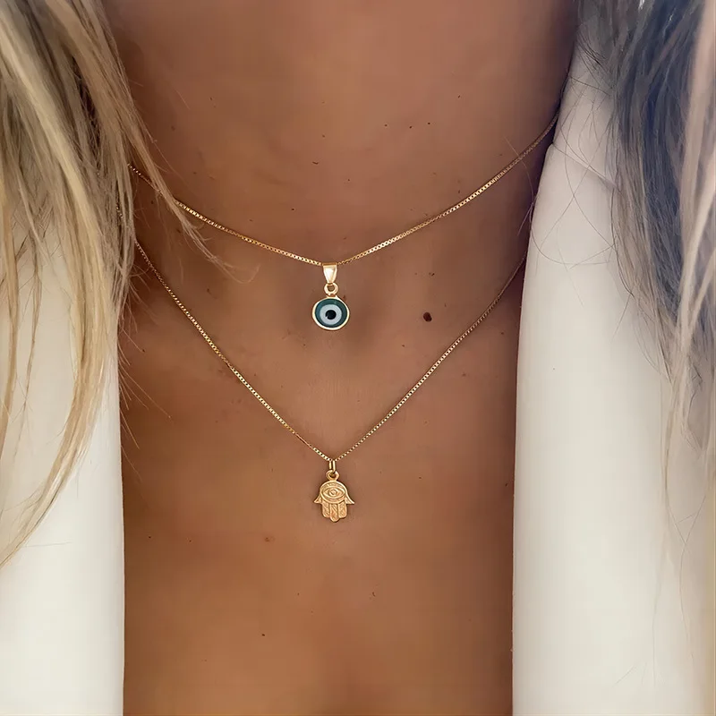 Turkish Lucky Double Layer Palm Evil Eyes Pendant Necklace for Women