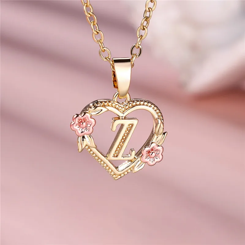 A-Z Letter Flower Pendant Necklace For Women