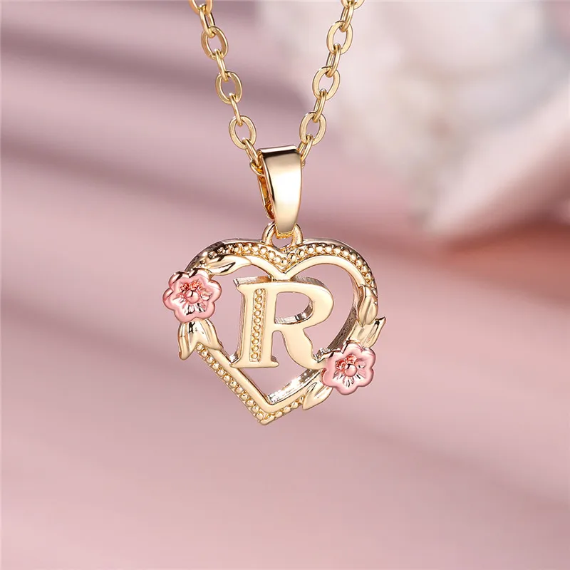 A-Z Letter Flower Pendant Necklace For Women