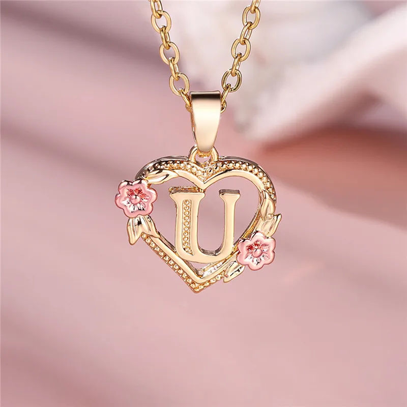 A-Z Letter Flower Pendant Necklace For Women
