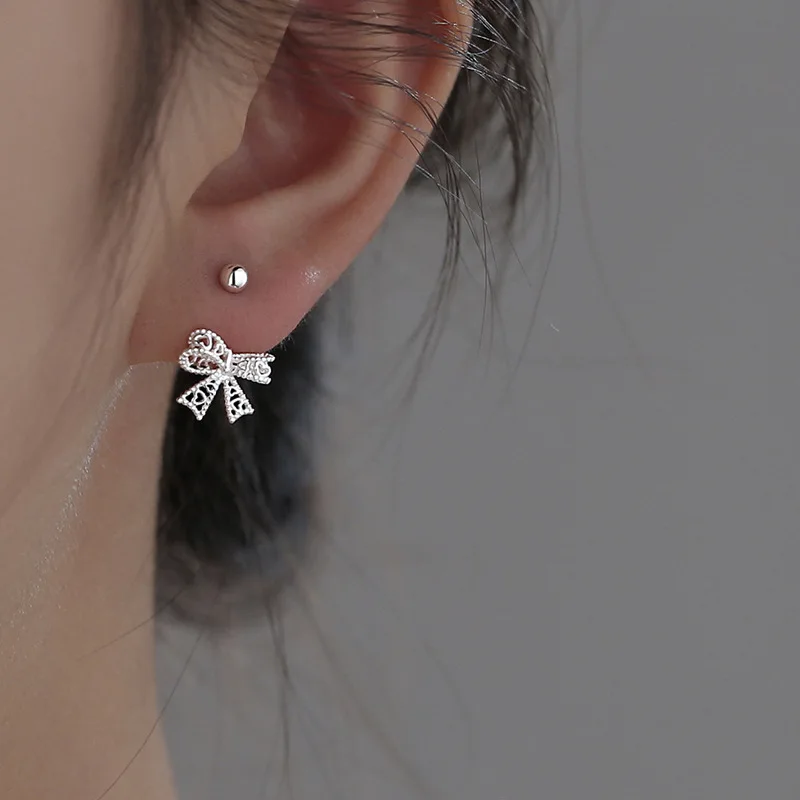 Hollow Bow Screw Buckle Puncture Stud Earrings for Women