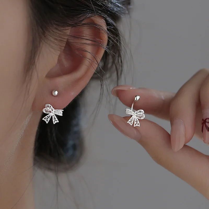 Hollow Bow Screw Buckle Puncture Stud Earrings for Women