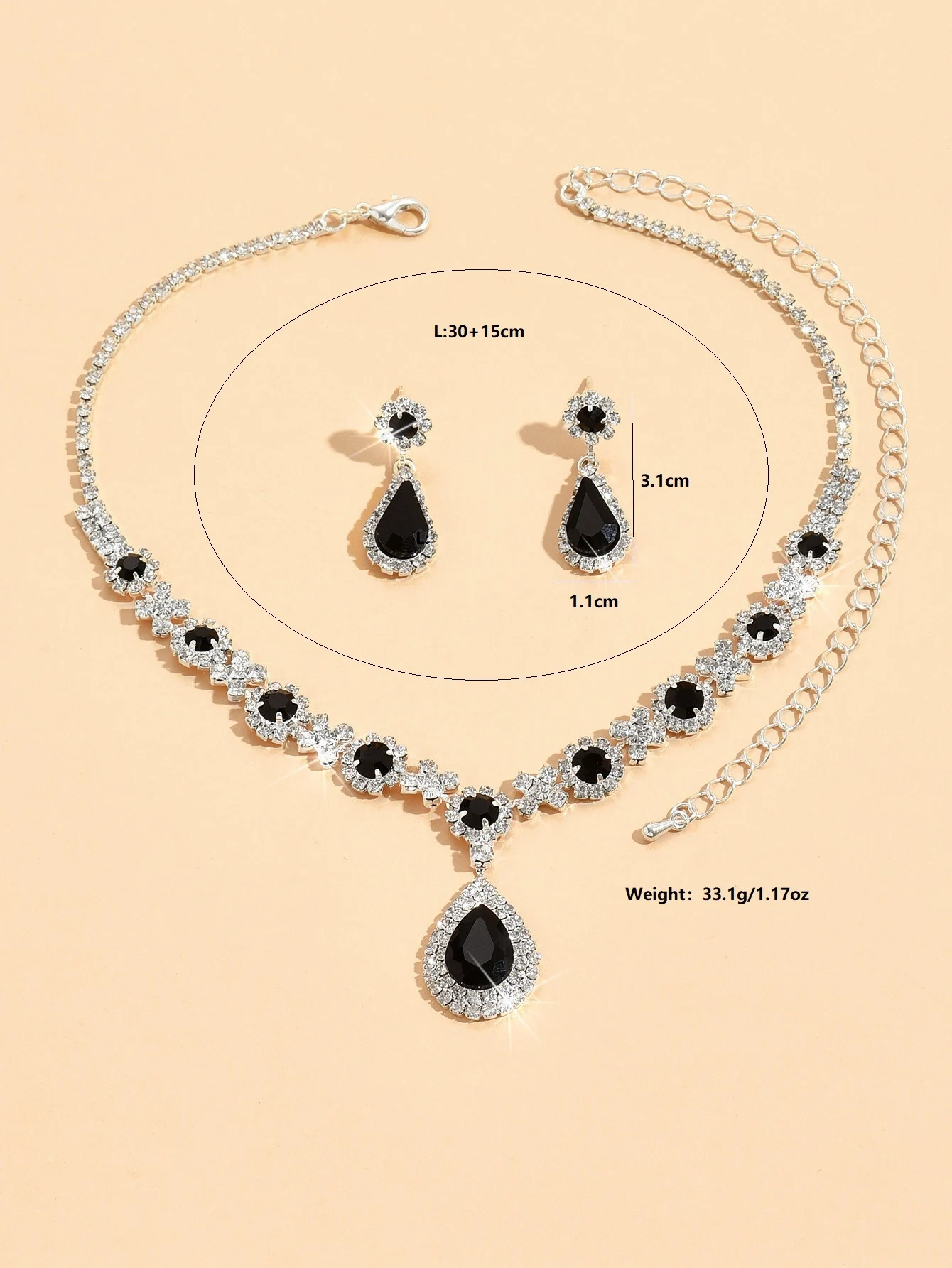 3 pieces crystal droplet necklace earrings set