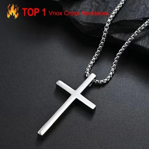 Vnox Silver Color Plain Cross Pendant Necklace for Men