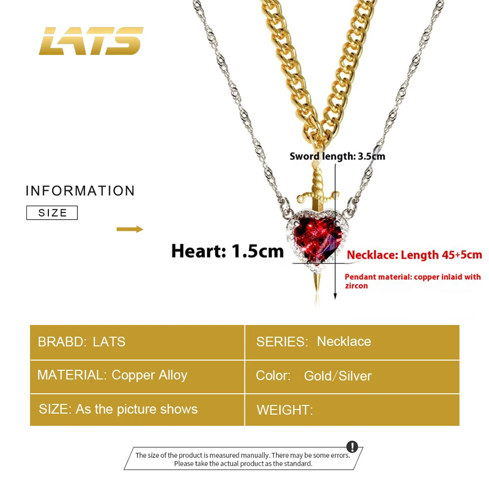 LATS 2pcs Heart and Sword Zircon Pendant Necklace for Women