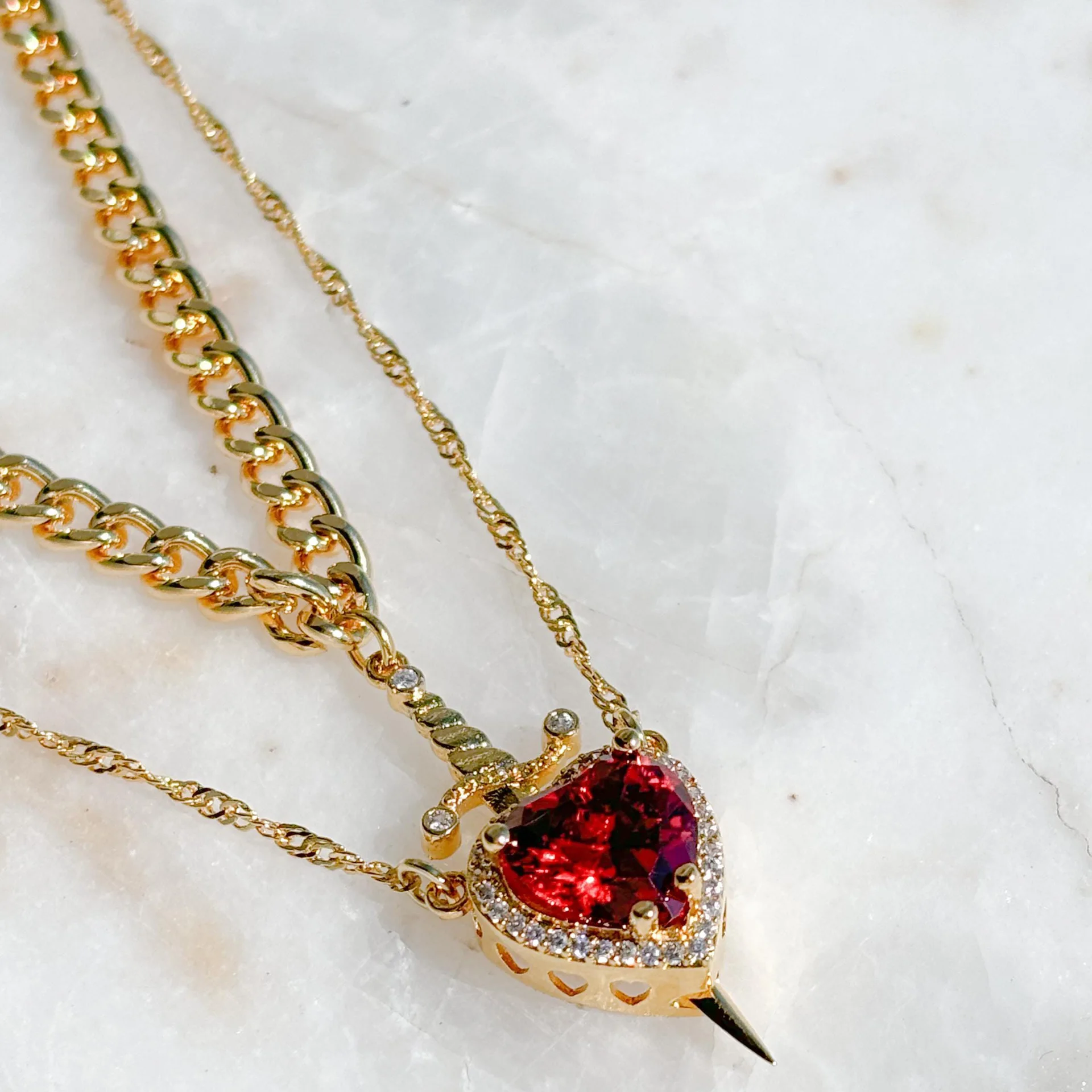 LATS 2pcs Heart and Sword Zircon Pendant Necklace for Women