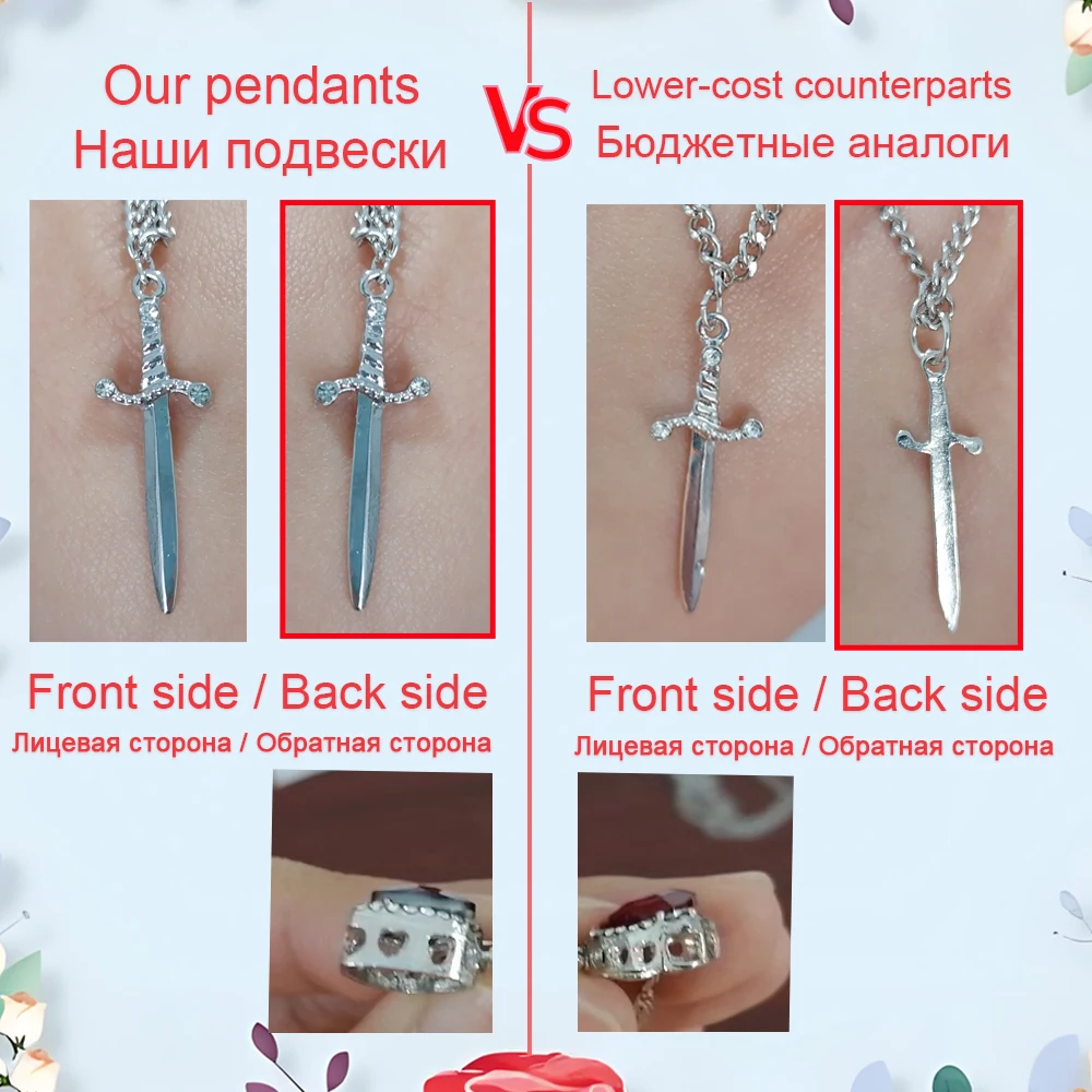 LATS 2pcs Heart and Sword Zircon Pendant Necklace for Women