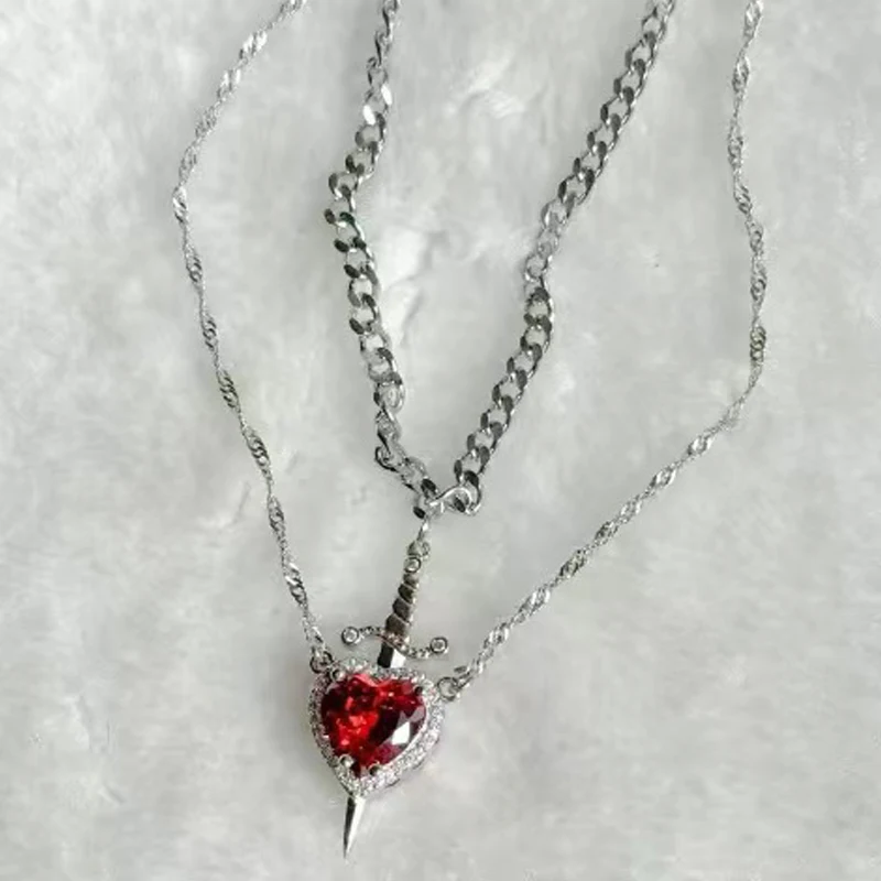LATS 2pcs Heart and Sword Zircon Pendant Necklace for Women