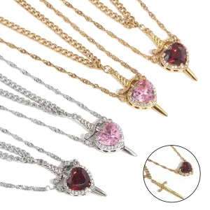 LATS 2pcs Heart and Sword Zircon Pendant Necklace for Women