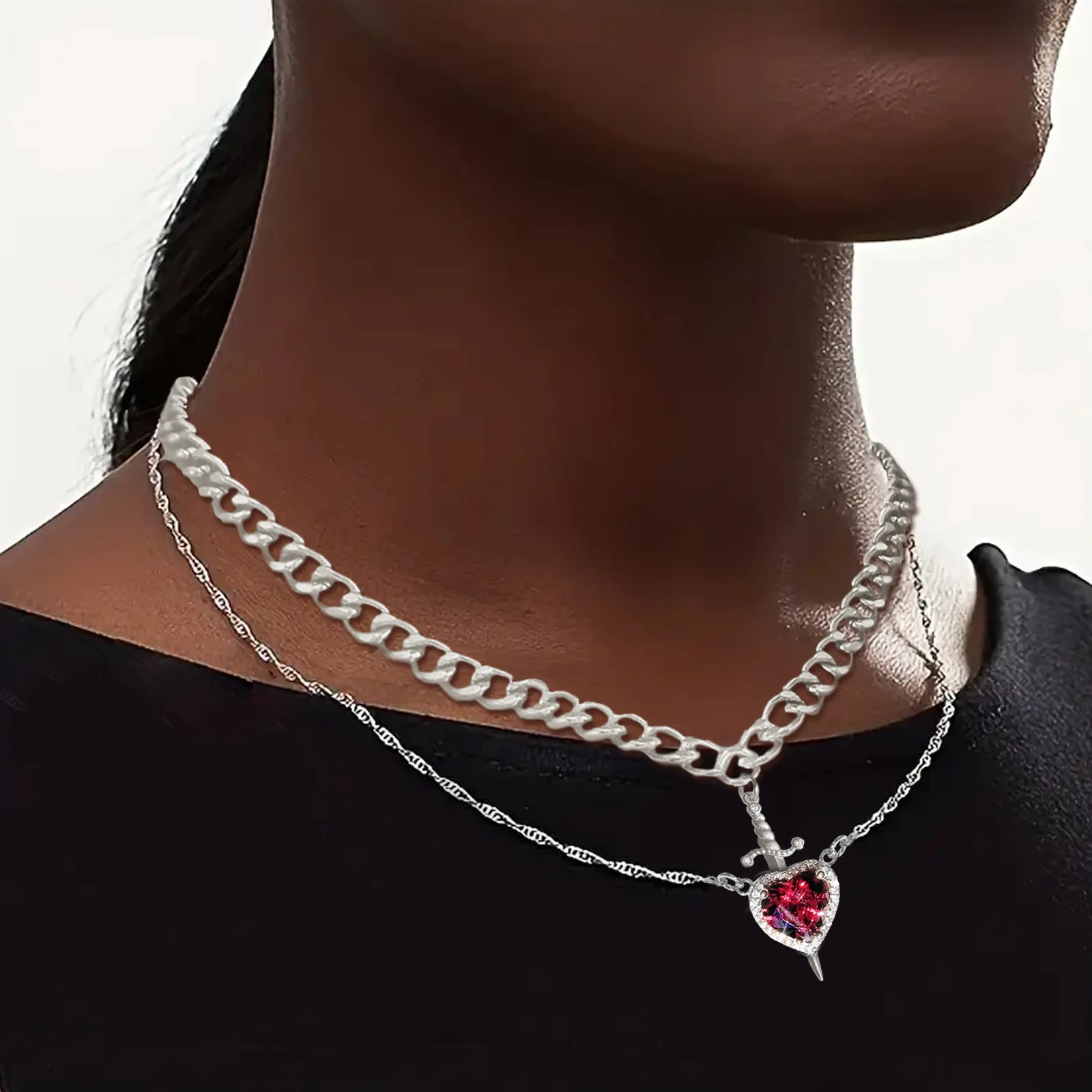 LATS 2pcs Heart and Sword Zircon Pendant Necklace for Women