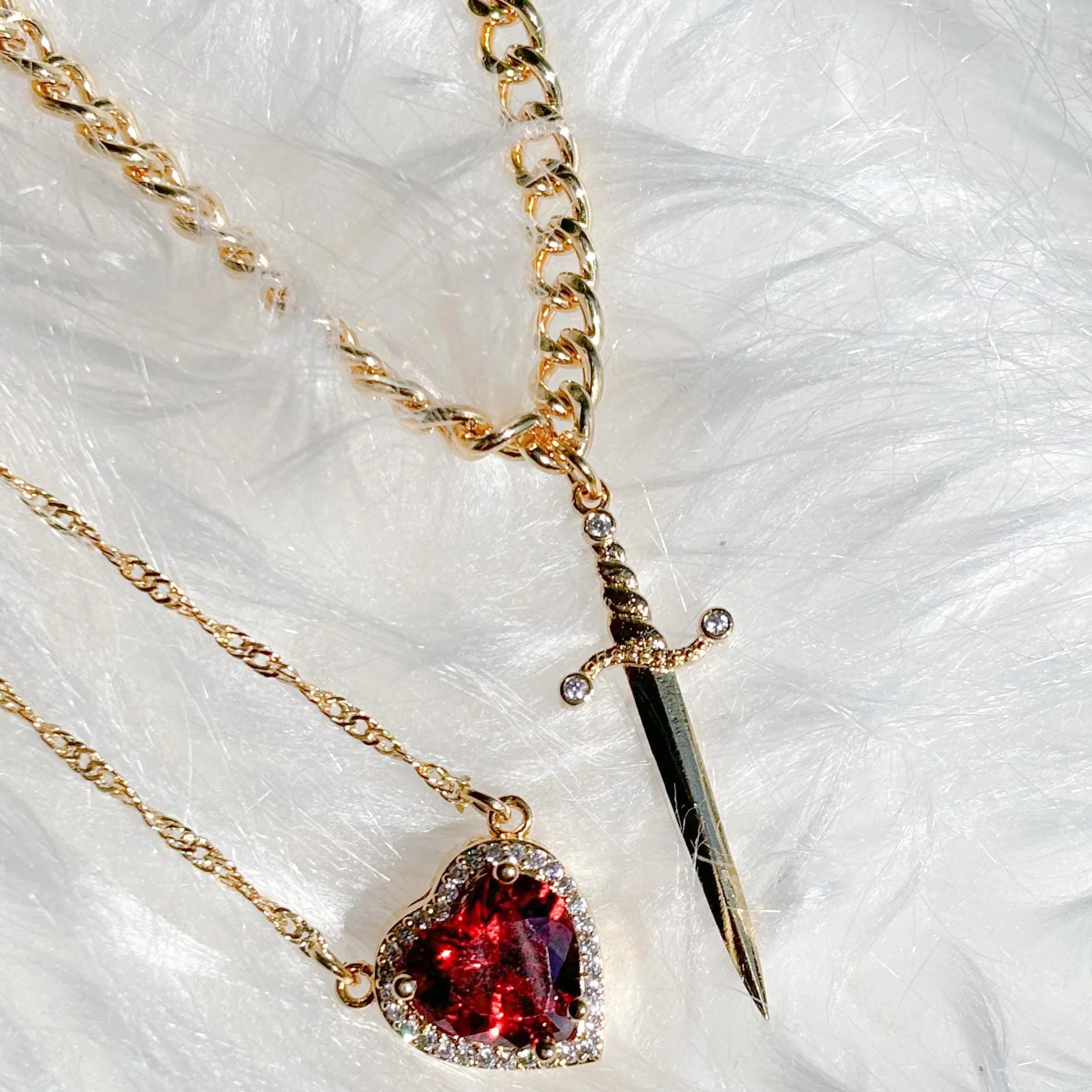 LATS 2pcs Heart and Sword Zircon Pendant Necklace for Women