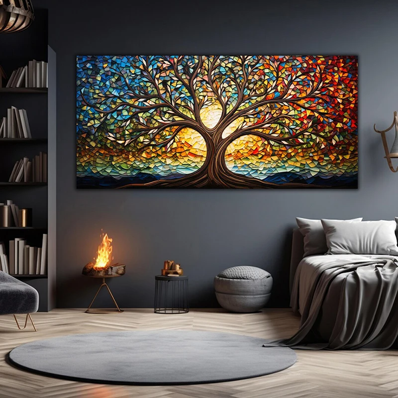 Colorful Mosaic Glass Canvas Painting,Tree of Life Artwork Home Decoration