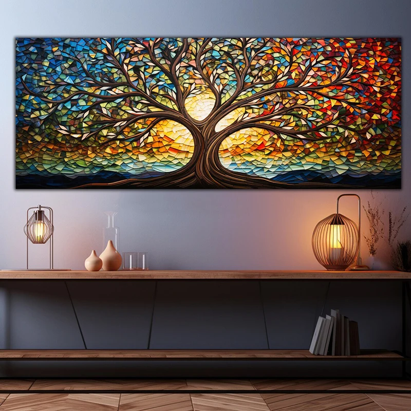 Colorful Mosaic Glass Canvas Painting,Tree of Life Artwork Home Decoration