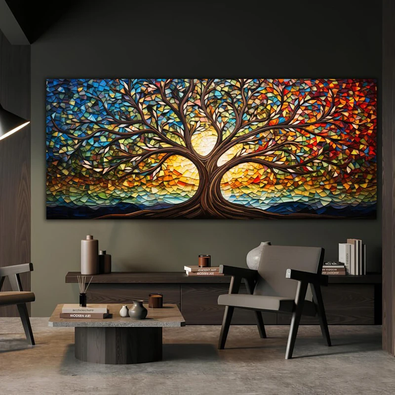 Colorful Mosaic Glass Canvas Painting,Tree of Life Artwork Home Decoration