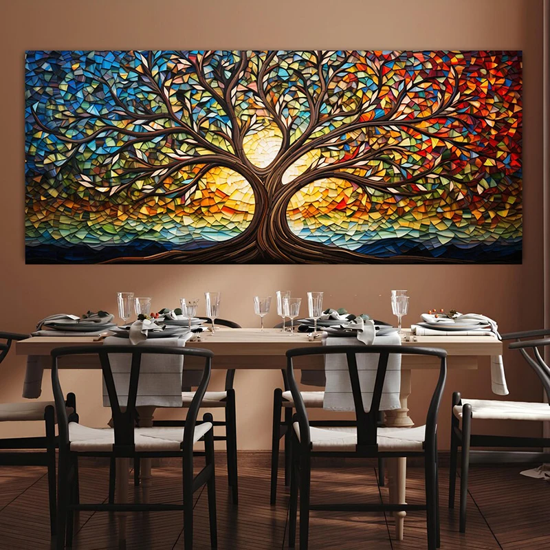 Colorful Mosaic Glass Canvas Painting,Tree of Life Artwork Home Decoration