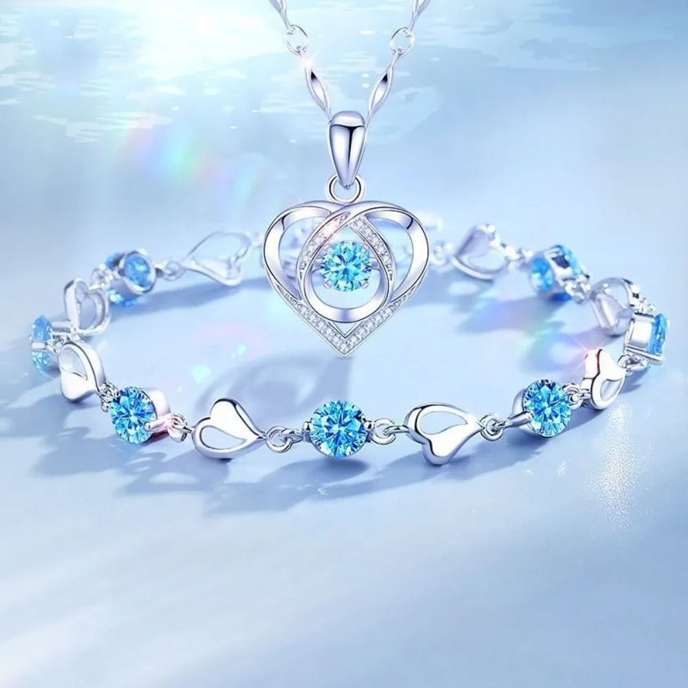 Sterling Silver Heart Shaped Necklace Bracelet Set for Women