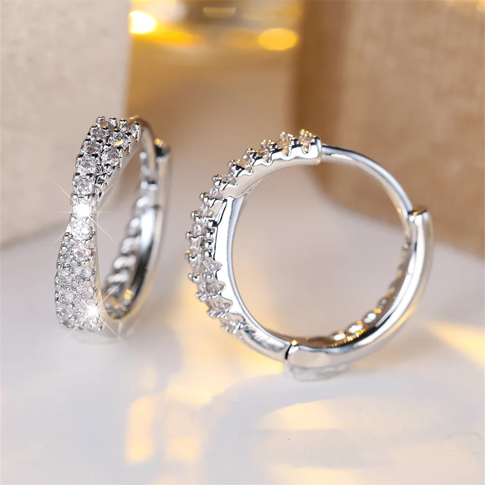 White Zircon Small Stone Crossed Hoop Earrings For Women