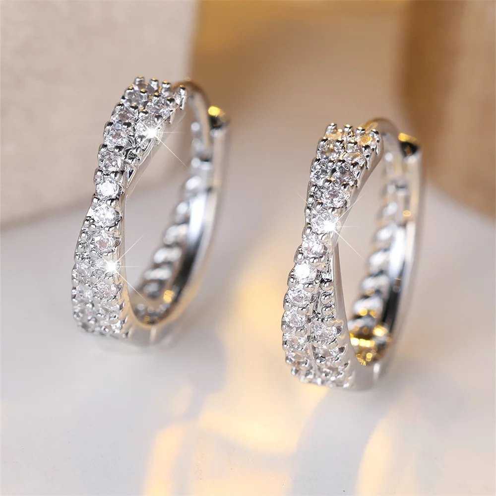 White Zircon Small Stone Crossed Hoop Earrings For Women
