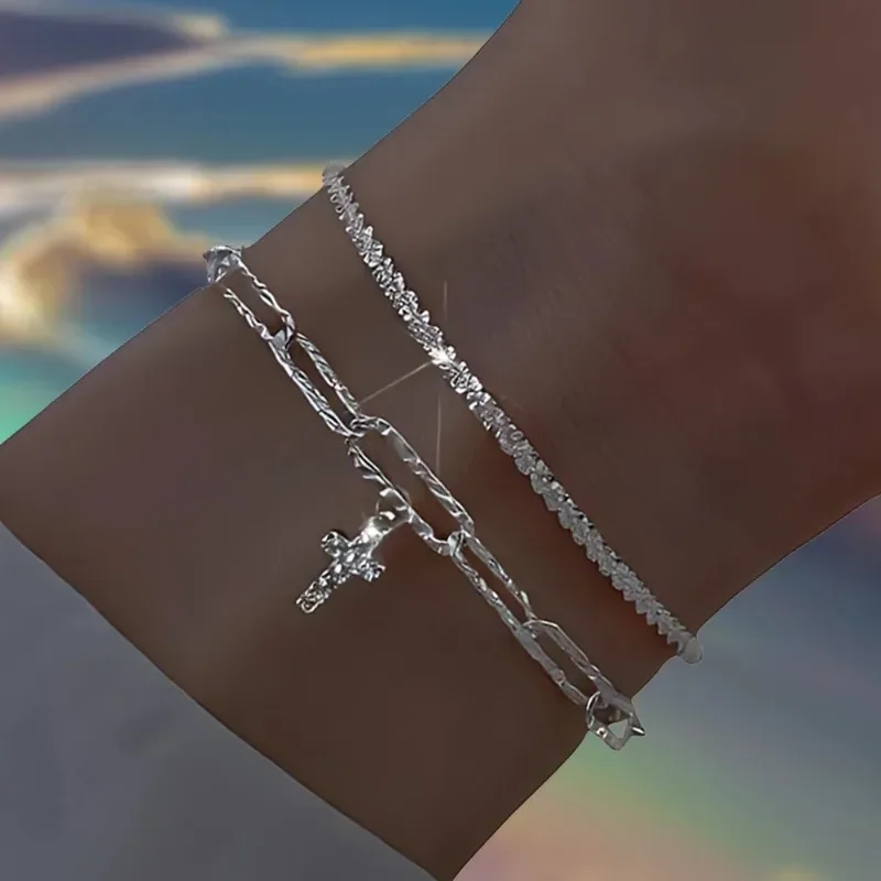6Pcs Sterling Silver Rhinestone Bracelets for Women
