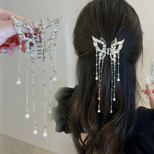 AWAYTR Hair Claw Butterfly Pearl Tassel Hair Clip